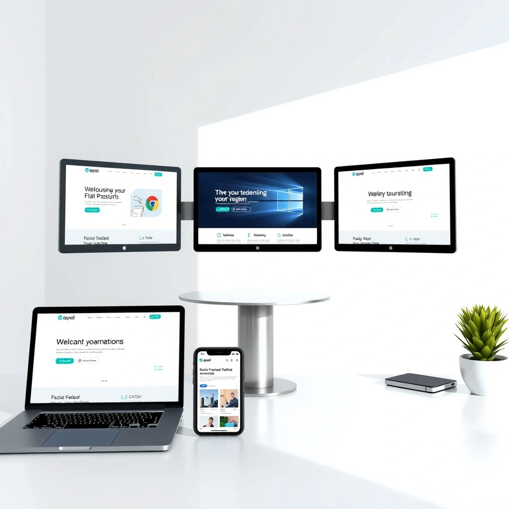 Modern web design workspace with multiple monitors showing responsive websites