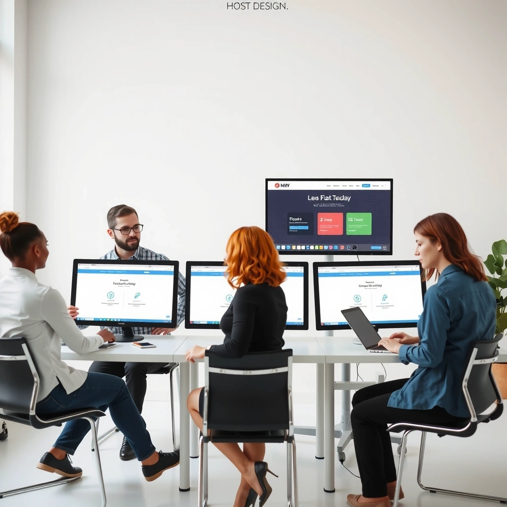 Professional web design team collaborating on projects in modern office environment