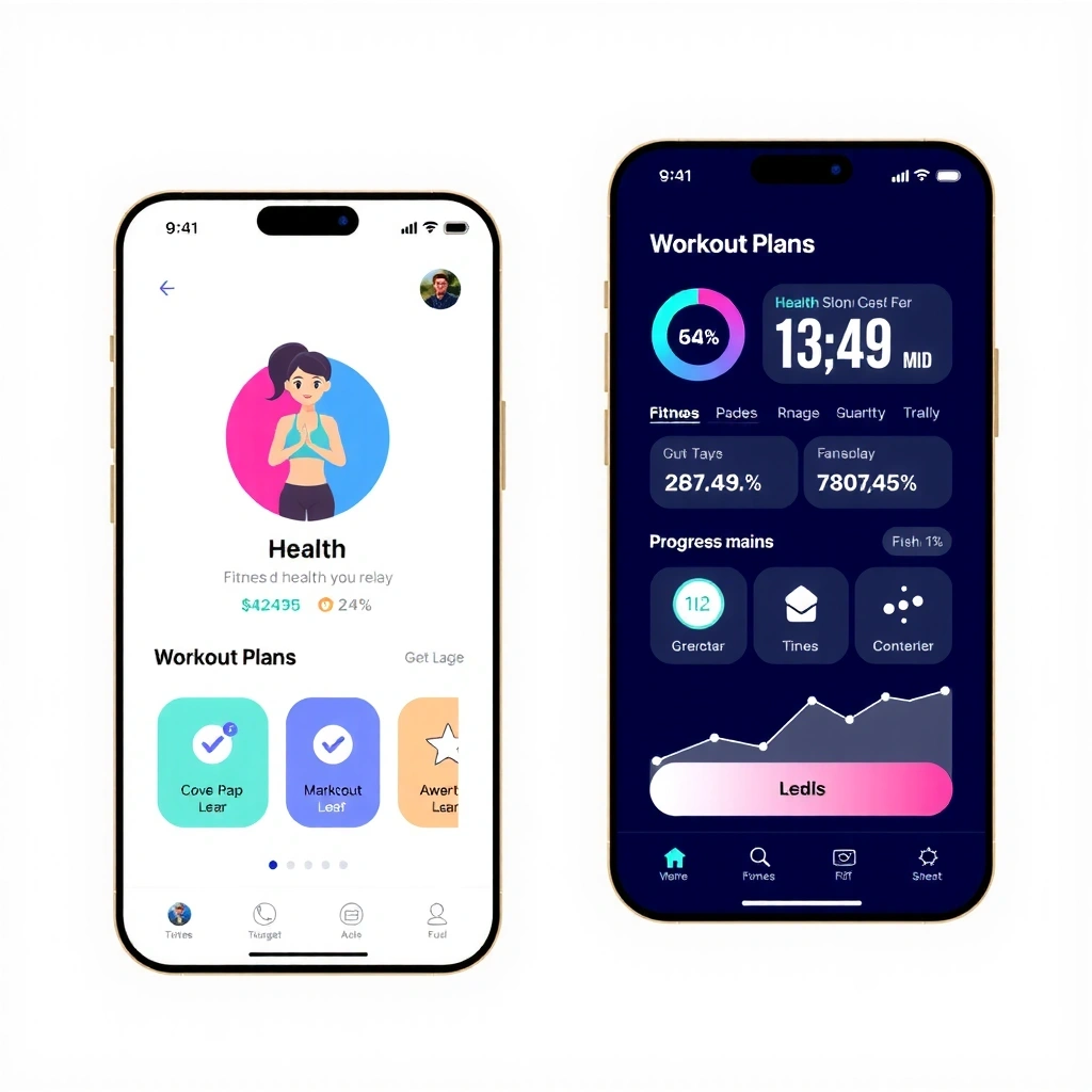 Fitness Mobile App Interface - Health tracking dashboard with workout plans