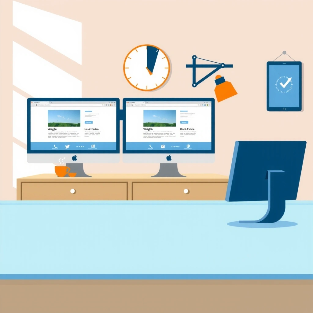 Modern web design workspace with multiple monitors displaying responsive websites